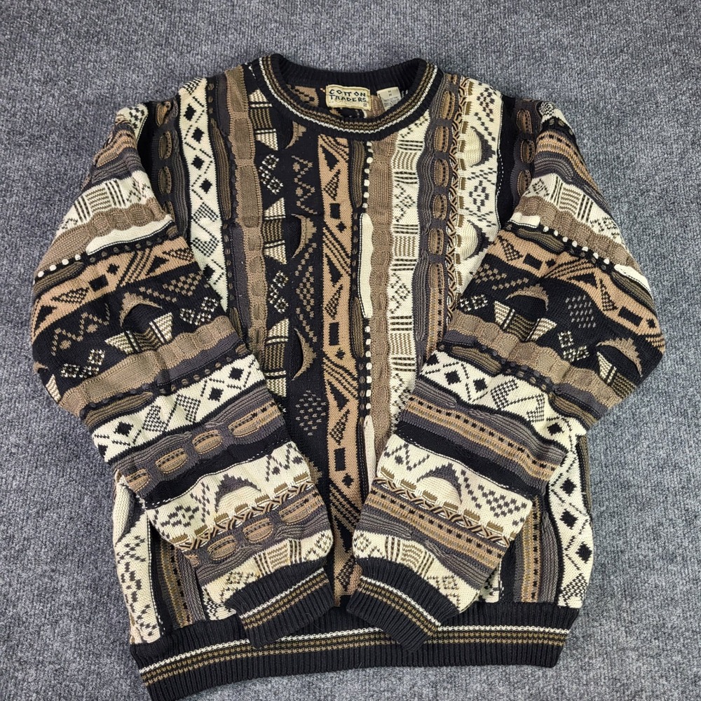 VTG Cotton Traders Mens Medium 3D Knit Sweater Multi Color Textured Geometr 90s